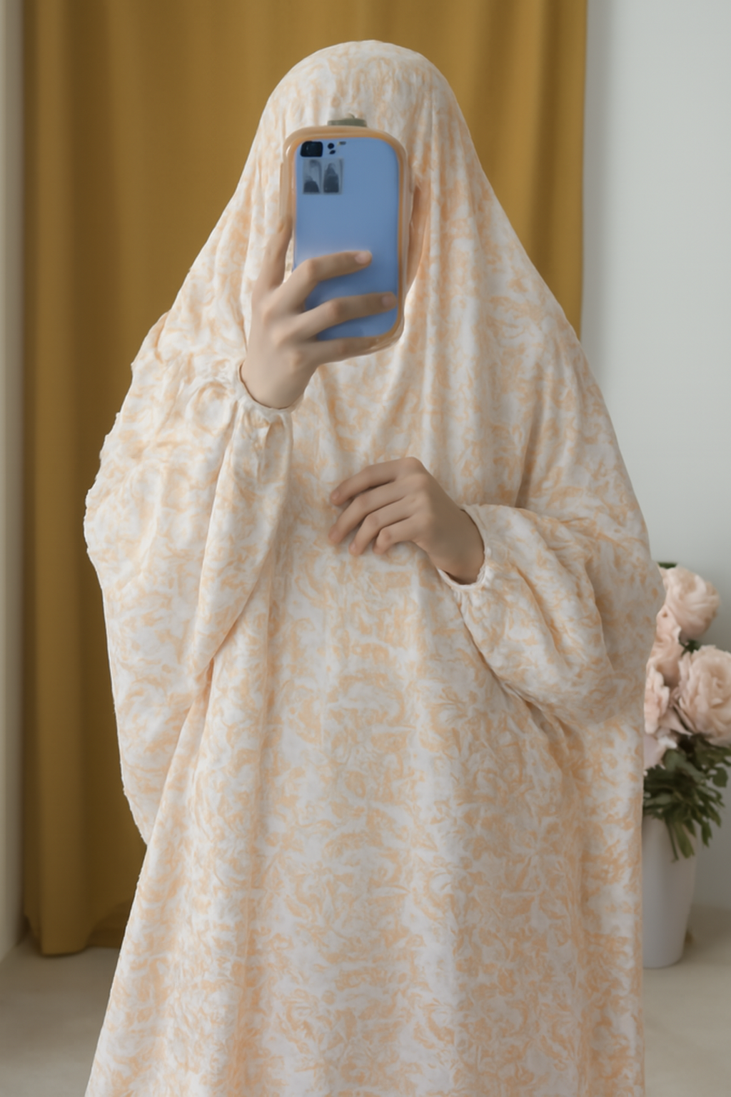 FULL COVERAGE NAMAZ CHADAR WITH SLEEVES - WHITE PEACH